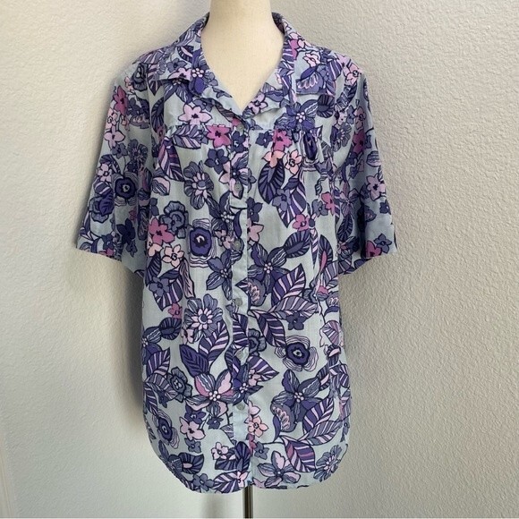 Floral Tropical Blue Pink Blouse  Short Sleeve Lightweight Button Front SZ 18W - Picture 1 of 10